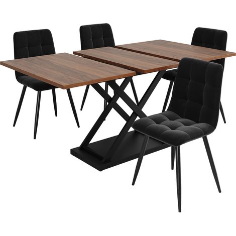 Set da pranzo estensibile 5 pezzi, tavolo 120-160x80x75 cm con 4 sedie in velluto nero (1/5)