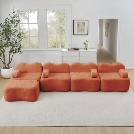 Modulares Ecksofa für 4 Personen mit 1 Ottomane, ohne Gestell, orangefarbener Samt HAVRYA (1/5)