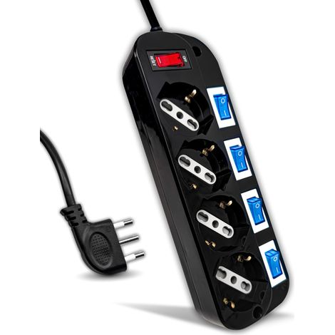 Multiprise électrique Noire avec interrupteurs indépendants - 4 Prises 10/16A Bypass + Schuko - Prise 16A - Multiprise - Prise pour Maison, Bureau, Magasin - Couleur Noir (1/5)