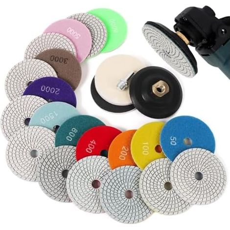 14 Stück Schleifscheibe Polierset: 100MM Trocken Polierscheiben Marmor Polierset mit M14 Gummi-Stützteller Schleifpapier für Beton Granit Stein Marmor (50 - 8000)