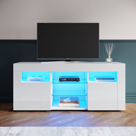 ELEGANT TV Stand Cabinet with LED Lights High Gloss with Storage 1200mm White TV cabinet Style 2, 2 Glass Shelves and 2 Doors, Handleless Design