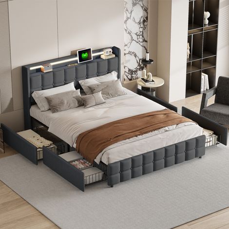 Lit Double Rembourré 160x200 cm avec LED et Prises USB - Cadre de Lit avec 4 Tiroirs de Rangement - Tête de Lit Capitonnée - Lin - Beige/Gris
