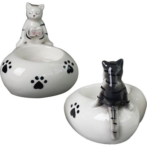 Keramik-Kerzenhalter – Dekorativer und kreativer Duftkerzenhalter mit festlichem Katzen-Duo (Grau, doppelte Luftpolsterfolie und Kraftpapierkarton)