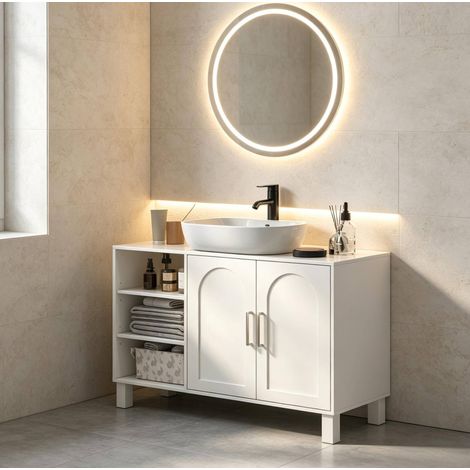 Meuble sous lavabo salle de bain crème 90 x 30 x 63 cm avec étagères ouvertes, placard 2 portes et découpe en U 15 x 20 cm pour vasque murale - CHICFURN (1/5)