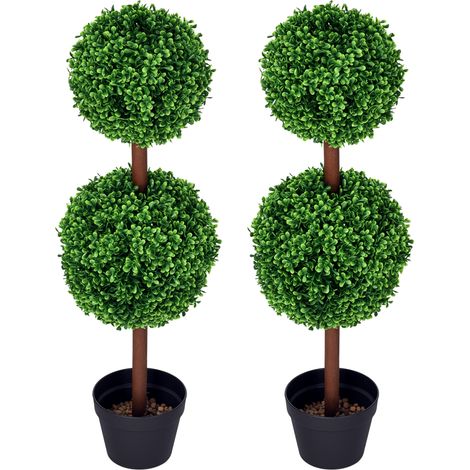 Set di 2 piante artificiali di bosso a doppia sfera con tronco e vaso inclusi - alte 90 cm, verdi