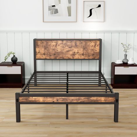 Cama de metal de 120 x 200 cm, con cabecero de madera y somier de láminas de metal, resistente y duradera, ideal para adolescentes y adultos (colchón no incluido). (1/5)