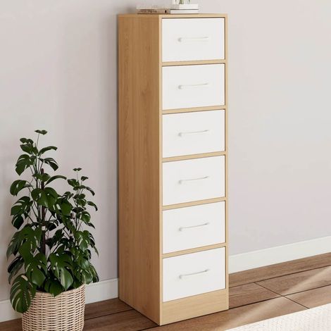 Mueble auxiliar de 6 cajones UPPAH de 30 cm, cómoda, mueble de almacenamiento de madera imitación haya y blanco (1/5)