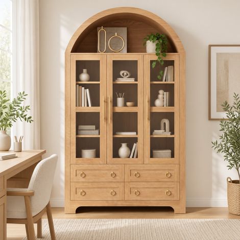 Vitrinenschrank 110x40x185 cm Natur PB/MDF, 3 Glastüren, Stauraum – MEUBLIV (1/5)