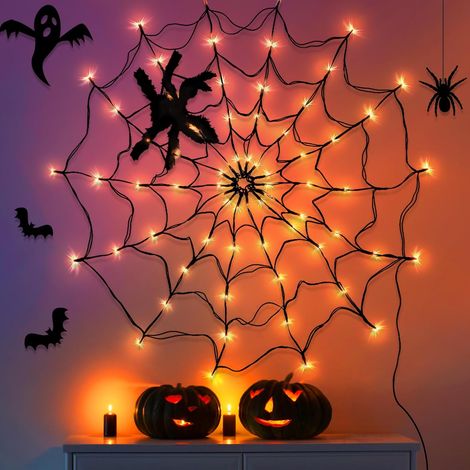 Leuchtendes Halloween-Spinnennetz mit Plüschspinne – gruselige Innendekoration für Kinderpartys, Spukhaus-Fensterdekoration (100 cm) (1/5)