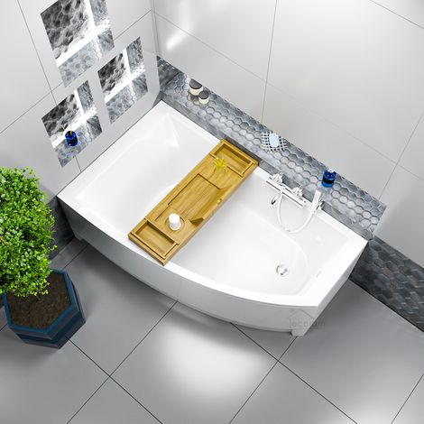 ECOLAM Badewanne HELA 150x90 cm links  + Acrylschürze + Bambus Ablage Eckbadewanne Acrylwanne (1/5)