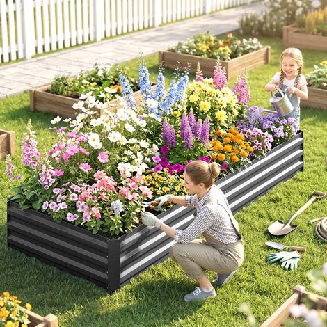 Carré Potager Rectangulaire 241x90x30cm – Tôle d'Acier Ondulée Gris, Extérieur (1/5)