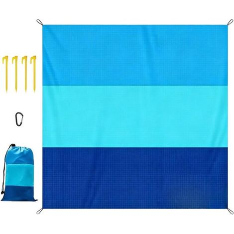Drap de plage XXL 200 x 210 cm – Couverture de pique-nique légère et imperméable – Tapis de plage avec crochets – Pour plage camping randonnée et extérieur – Bleu (1/5)