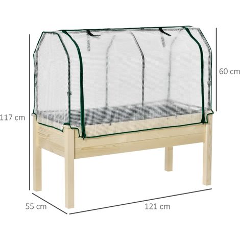 Potager surélevé, bâche enroulable, cadre en bois naturel, doublure en tissu, trous de drainage, 121 x 55 x 117 cm (1/5)