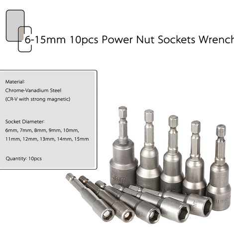 Lot de 10 douilles magnétiques 6-15mm pour visseuse à chocs, embout hexagonal 1/4" 65mm, clé à douille métrique (1/4)