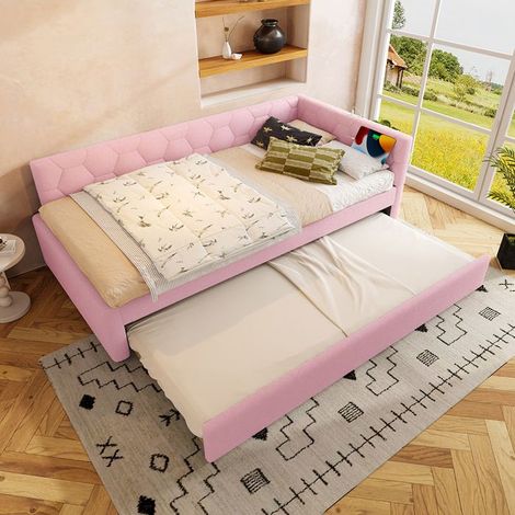 Canapé-lit 90 x 200 cm avec sommier à lattes, lit gigogne, lampe de chevet et ports USB/Type‑C — rose, sans matelas (1/5)