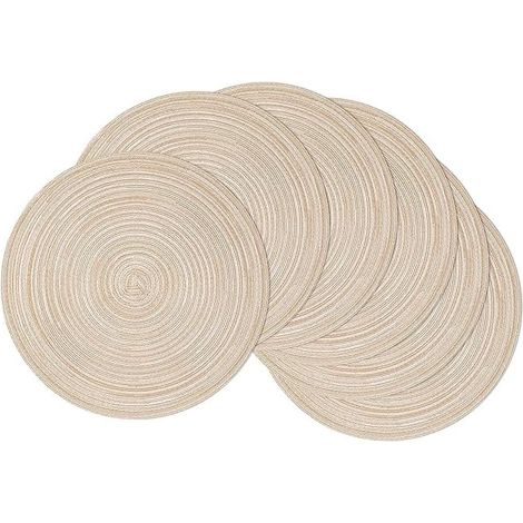 Juego de 6 manteles individuales redondos trenzados de 38 cm (15 pulgadas), antideslizantes, resistentes al calor y lavables, ideales para la decoración de mesas en cenas y fiestas (beige, 6 unidades) (1/5)
