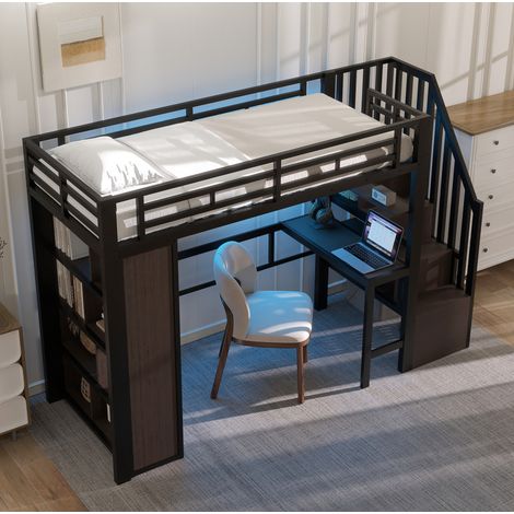 Hochbett 90x200 cm Metall/MDF schwarz mit Schreibtisch, Stauraum, LED, ohne Matratze – MEUBLIV (1/5)