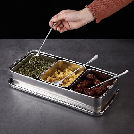 Boîte à Épices en Acier Inoxydable 3 Cases avec Couvercle et Cuillères - Rangement Organisé pour Cuisine (1/5)