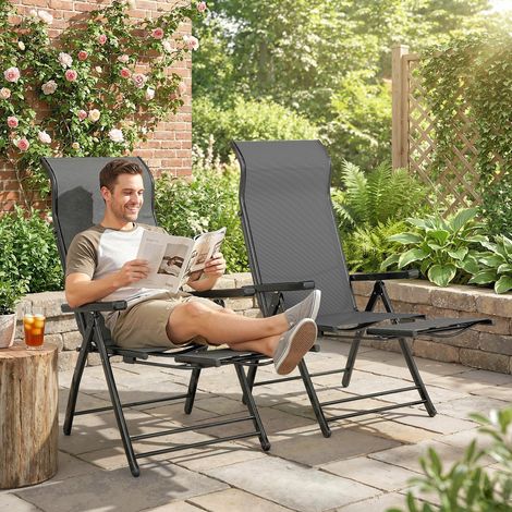 Pack de 2 Sillas Plegables Reclinables de Jardín Exterior con Respaldo Alto Ajustable en 5 Posiciones Reposapiés Gris (1/5)