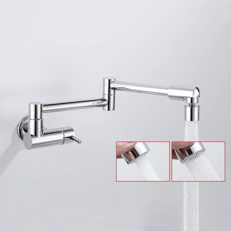 Rubinetto da cucina multifunzionale in ottone a parete, rubinetto per riempire pentole, rubinetto per acqua fredda a leva singola, miscelatore da cucina pieghevole, cromato, doppia modalità (1/4)