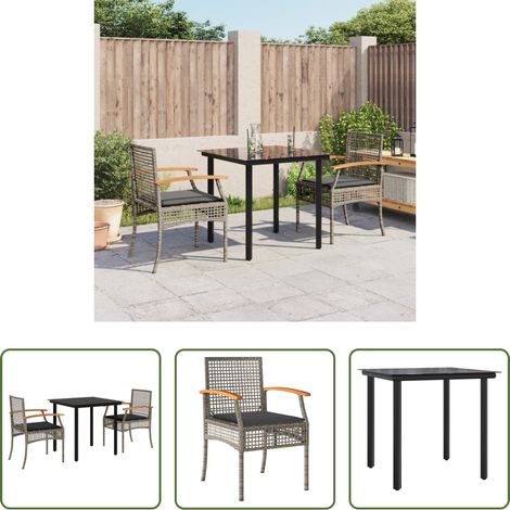 Gartentisch - 3-tlg. Garten-Essgruppe mit Kissen Grau Poly Rattan (1/5)