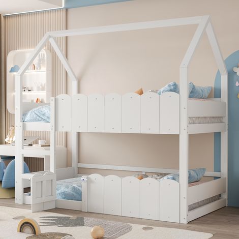 Lit superposé enfant 90 x 200 cm, en forme de maison avec barrières de sécurité surélevées. Le lit supérieur possède un sommier à lattes. Convient aux filles et aux garçons. Blanc. (1/4)