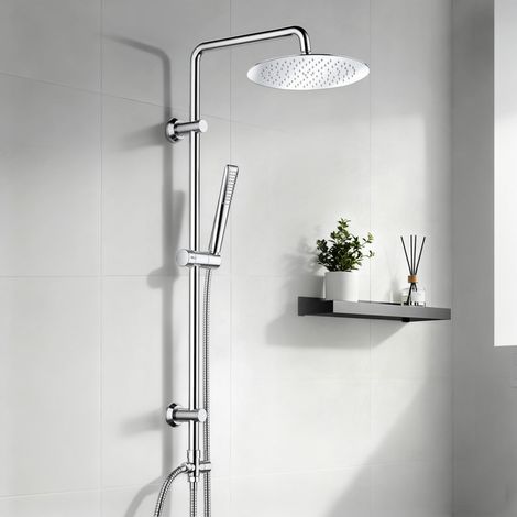 Görbach Colonne de douche chromée pour robinetterie existante, douche pluie ronde Ø20 cm, supports muraux ajustables (1/5)