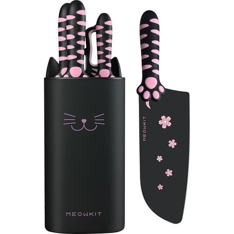 Set Couteaux Cuisine 5 Pièces avec Bloc Chat Amovible, Rose et Noir (1/5)