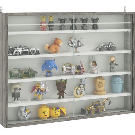 5Tier Wall Display Shelf Unit Cabinet w/ 4 Adjustable Shelves Glass Doors Home Office Ornaments 60x80cm Grey Wood Grain (1/5)