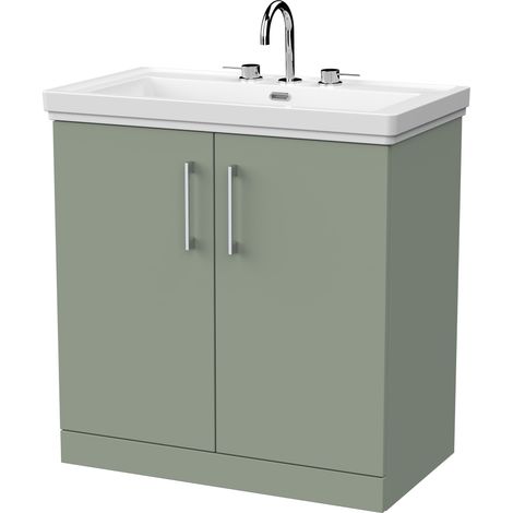 Pershall Contemporary Floor Standing 2 Door Vanity Unit with Traditional 3 Tap Hole Fireclay Basin, 800mm, Reed Green