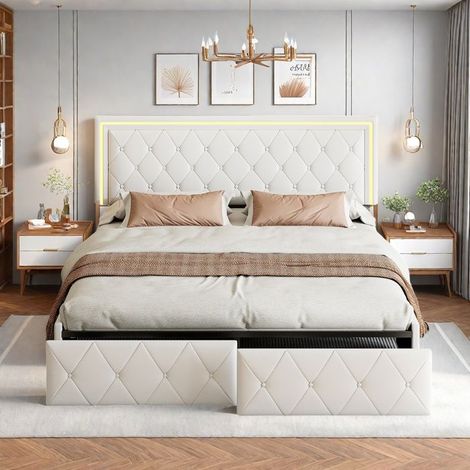 Lit double TANANT 160x200 cm - 4 tiroirs - LED intégrée - Tissu PU - Beige (1/5)