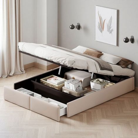 Letto 140x190 cm - 07AAA - Cassettone idraulico - Beige lini - Design contemporaneo