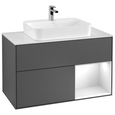 Finion, Meubles sous lavabo, 1000 x 603 x 501 mm, Angulaire,avec meuble étagère (éclairé), modèle suspendu, En bois, lavabo au milieu, éclairage LED, 1x LED / 2,3W, 2x LED / 4,2W, 2700 K à 6480 K, Bla
