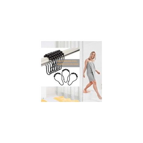 Lot de 12 crochets de rideau de douche en acier inoxydable antirouille avec boule en métal poli pour salle de bain - Noir, 1 paquet, taille 68 x 35 mm, crochet de rideau (1/3)