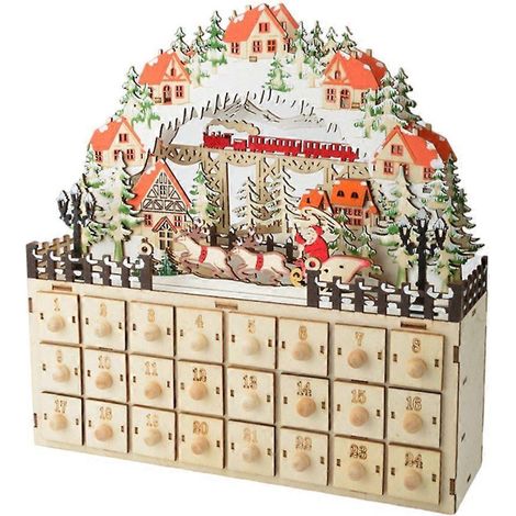 Calendrier de l'Avent en forme de meuble en bois, 24 tiroirs avec scène lumineuse LED, décoration de Noël festive. (1/4)