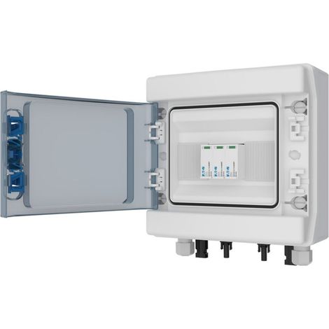 Eaton Stringbox CC fotovoltaica, 1x IN + 1x OUT, SPD Tipo 1+2, Connettore MC4, IKA-1/8, per applicazioni esterne sotto tettoia, EP-501988
