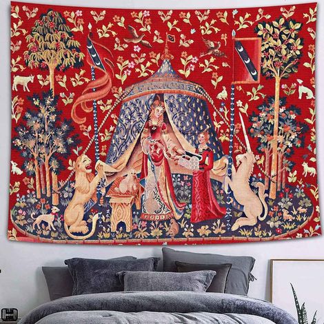 Cette tapisserie de style médiéval, ornée d'un motif de princesse et de licorne, mesure 200 x 150 cm D'inspiration royale européenne, elle convient parfaitement aux chambres, salons et dortoirs (1/5)