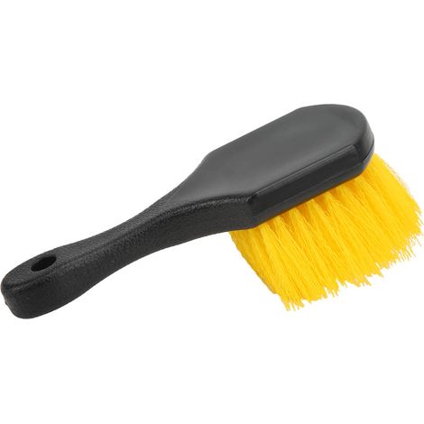 Brosse de nettoyage ergonomique universelle pour roues et pneus de voiture, intérieur et extérieur, pour camions, remorques, camping-cars et véhicules de loisirs (jaune) (1/5)