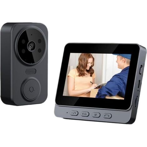 Interphone et visiophone, Sonnette vidéo, système d'interphone vidéo, vision nocturne, audio bidirectionnel, angle de vision de 70°, sonnette avec moniteur-caméra (1/5)