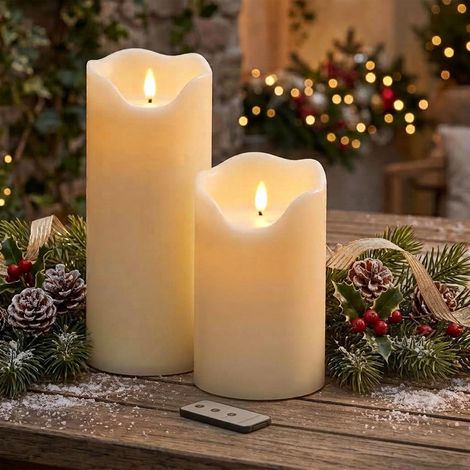 XXXL LED Outdoor Kerze cremeweiß mit Timer 2er Set - 30 20 cm - Elektrische Laternenkerze mit Fernbedienung für Außen & Innen mit Flammen Effekt
