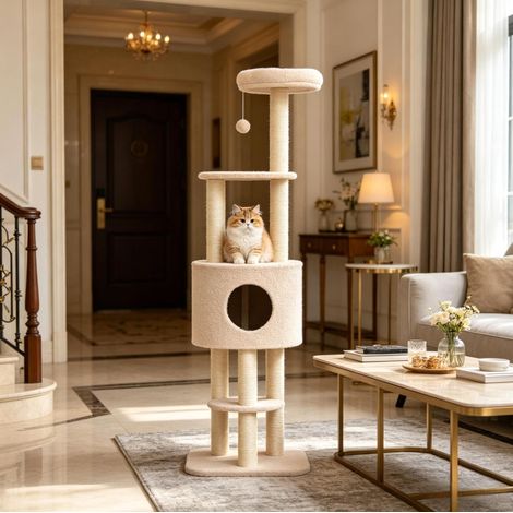 Albero tiragraffi per gatti beige 148 cm con cuccia e pallina OKWISH (1/5)