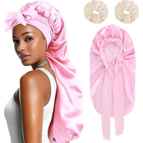 Bonnet en satin pour dormir cheveux longs, bonnets soyeux pour femme avec 2 élastiques en satin, bonnet satin ajustable avec lien, bonnet de nuit pour cheveux longs bouclés, rose (1/5)