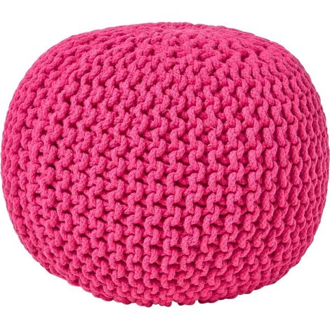 HOMESCAPES Hot Pink Round Cotton Knitted Pouffe Footstool