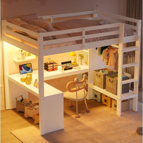 Cama alta 90/200 cm blanca con escritorio, estantes, LED y USB (1/5)