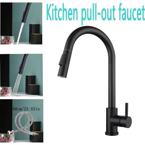 (Noir-A) Robinet de cuisine monotrou avec bec extractible, mitigeur chromé/noir (1/5)