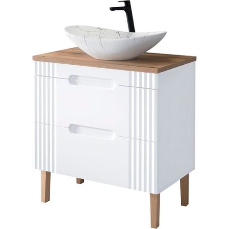 Set FIDJI: mobile sottolavabo 80cm + piano per lavabo + lavabo da appoggio ovale asimmetrico effetto marmo + piedi
