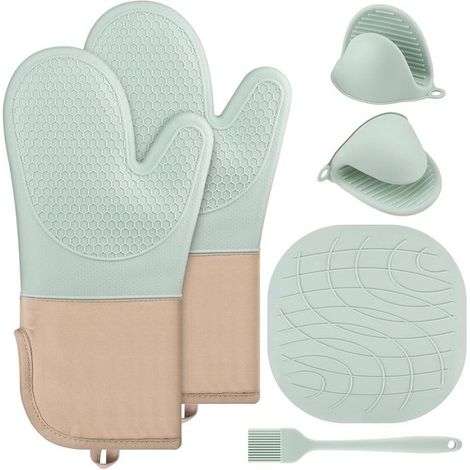 Juego de guantes de cocina - Agarraderas - Cocina segura - Silicona resistente al calor - 6 piezas - Verde menta