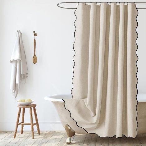 Rideau de Douche en Lin Texturé 90x180 cm, Étanche et Antimoisissure, Lavable en Machine avec Anneaux Inclus, Style Étroit pour Salle de Bain, Beige (1/3)