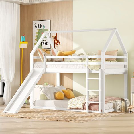 Lit simple pour enfants Lit maison Lit superposé avec glissière et échelle,blanc,90x200cm (1/5)