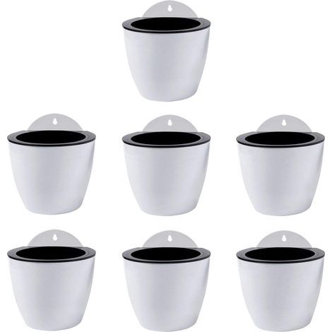 Macetas colgantes con autorriego, juego de 7, decoración de pared, macetas para interior/exterior, plástico blanco, tamaño mediano, 11 cm (1/5)